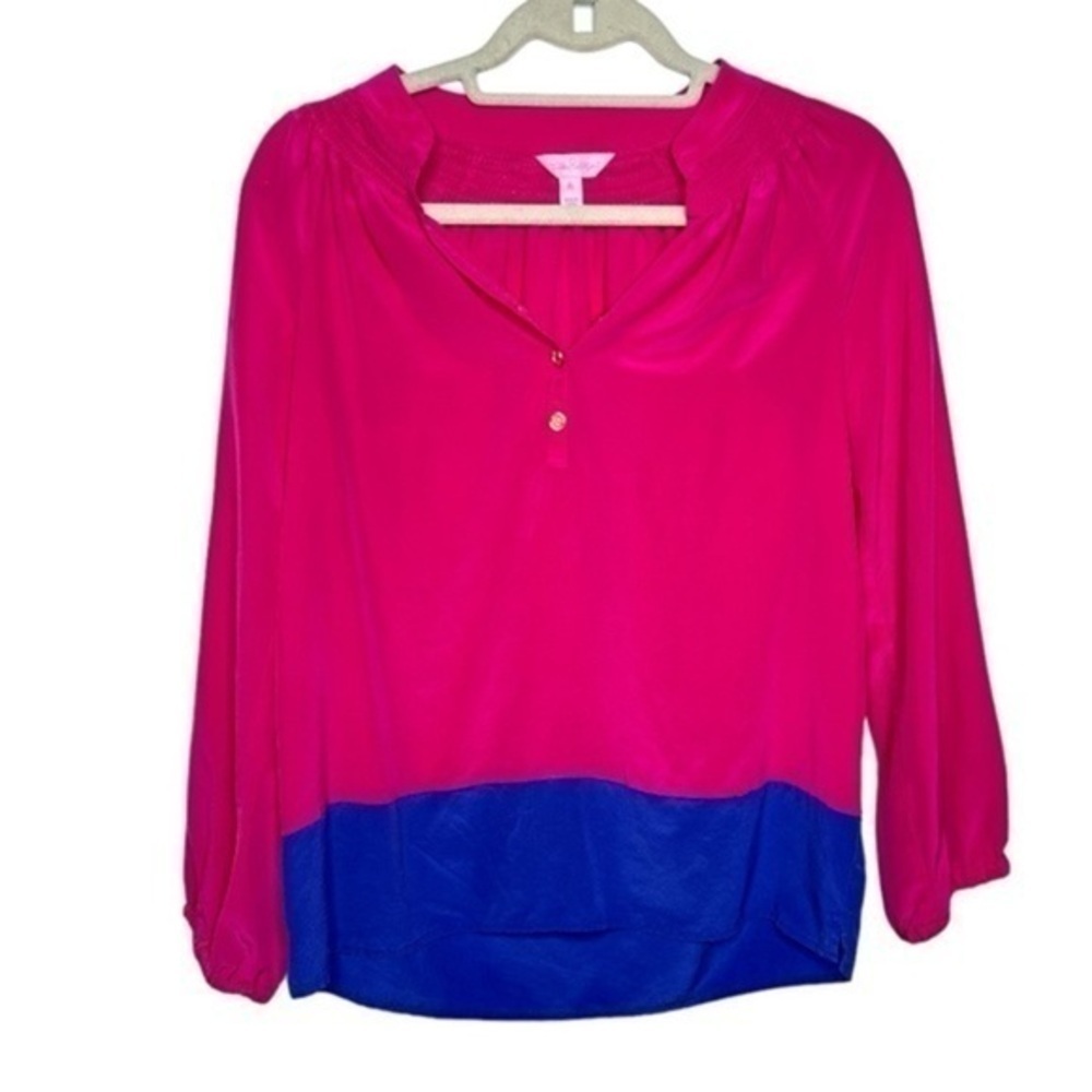 Lilly Pulitzer Elsa Long Sleeve Silk Shirt Color Block in Pink / Blue  XS